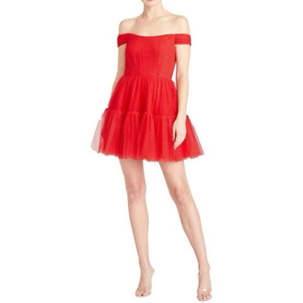ML Monique Lhuillier Swiss Dot Off the Shoulder Tulle Mini dress Poppy Red 8 S